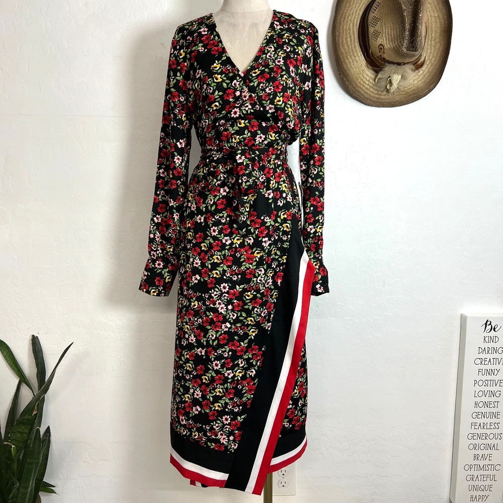 DEX Black Floral Asymmetric Wrap Dress with Striped Hem Size M